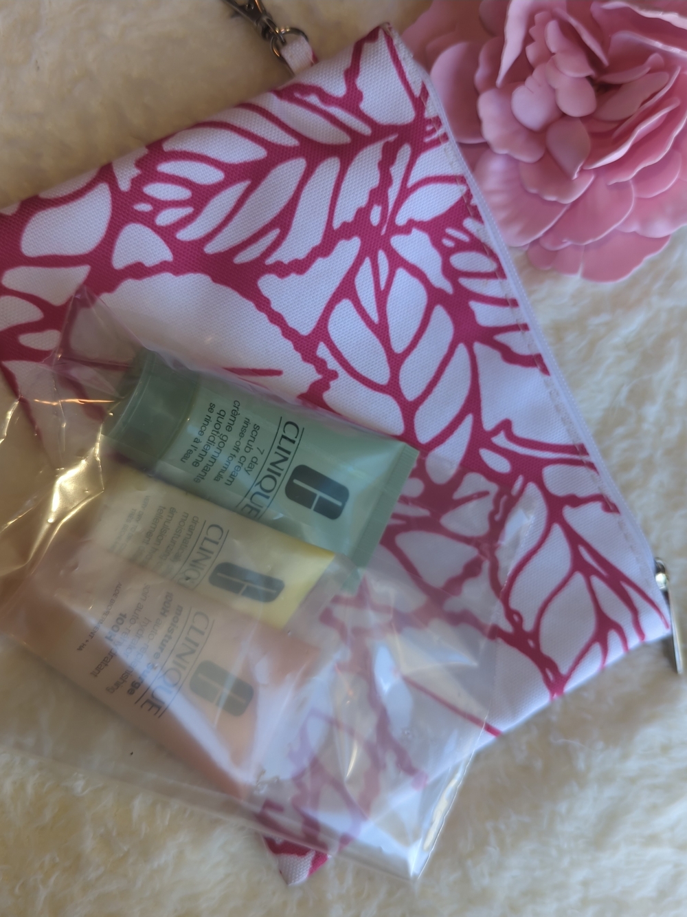 Clinique Mini Skincare Trio with Pink Leaf Print Pouch